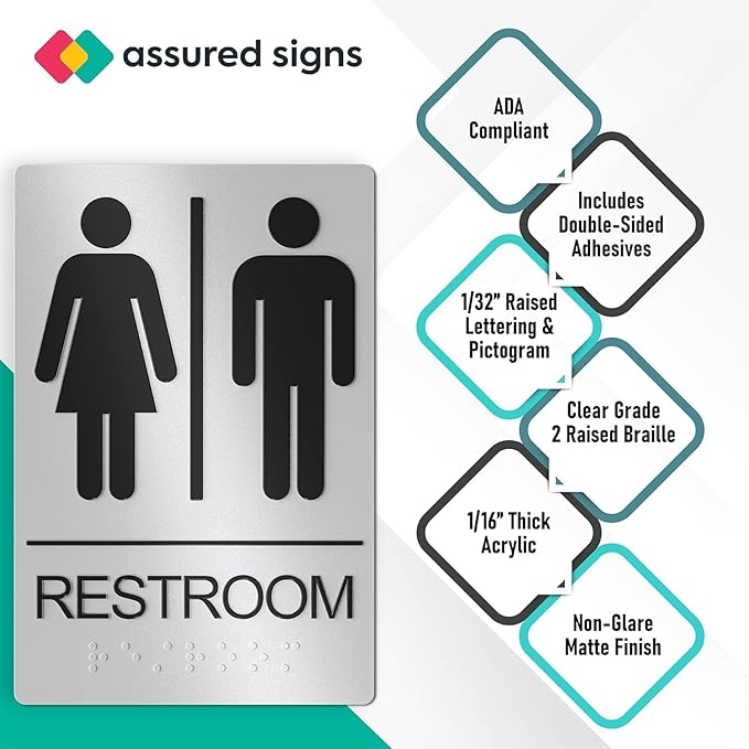 Unisex Bathroom Signs, Restroom Sign For Business - For Men and Women - 2 Pack - 9" by 6" - ADA Compliant with Braille - Strong Double-Sided Adhesives Included - Apply to Office, Home, Public Door/Wall