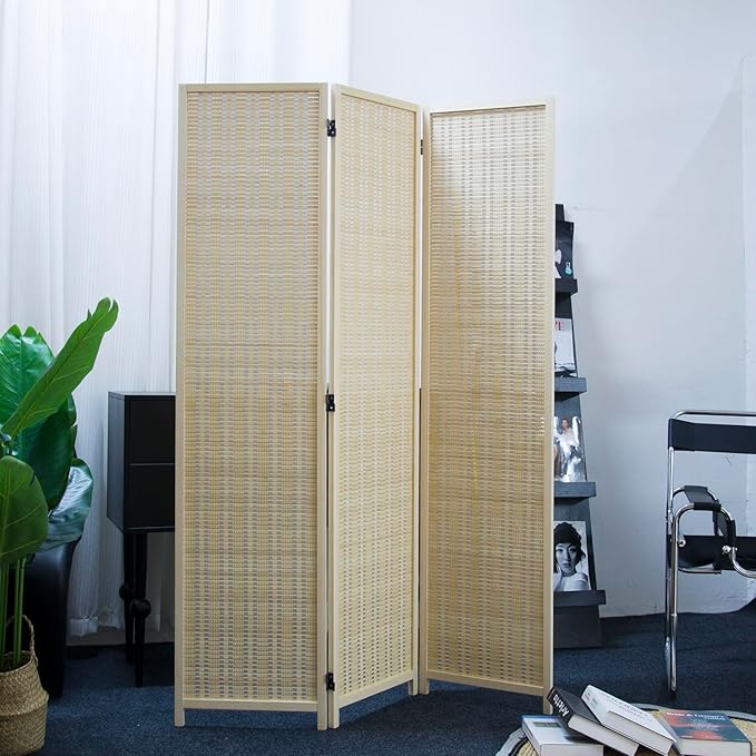3 Panel Room Divider and Folding Panel Screen,Bamboo Panel Divider Screen for Room Separation,Beige,67" H x 46" W