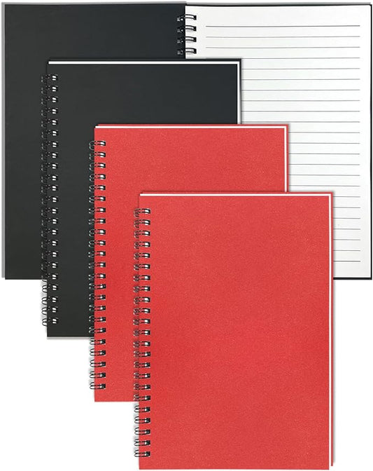 4Pack Small Spiral Notebook A5, 8.25x5.5” 120 Lined Pages Black & Red Wide Ruled Spiral Journal Bulk Blank Kraft Cover Spiral Bound Notebook & Writing Pads for Home Office Meeting Work Note Taking