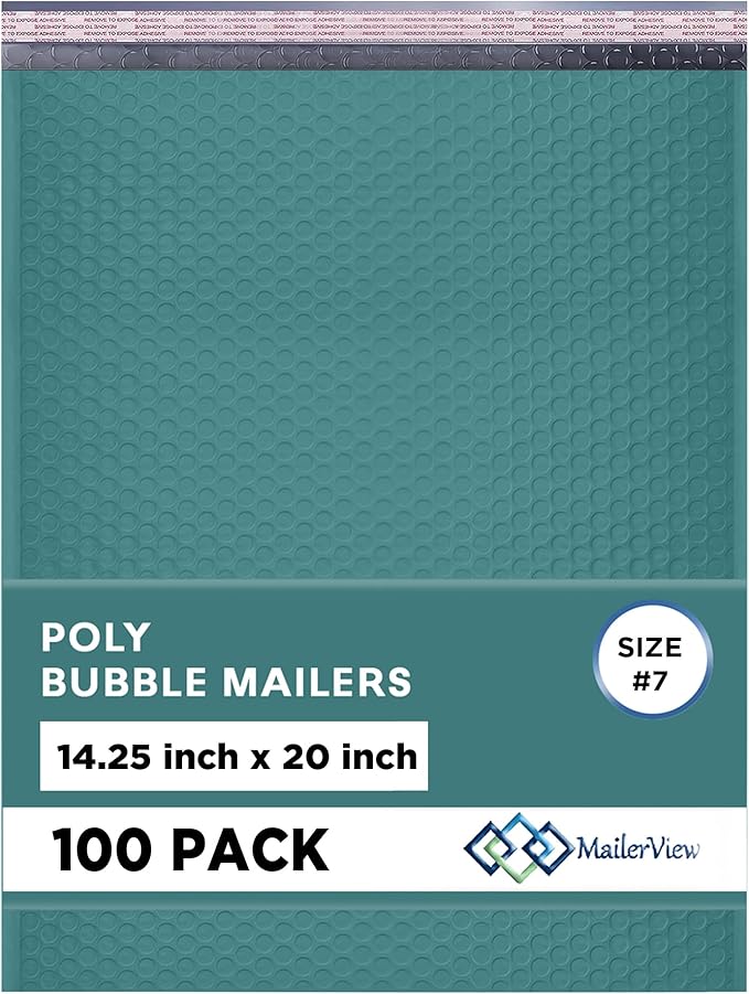 Green Extra Large Poly Bubble Mailers 14.25x20 inch #7 | Self Seal Large Padded Envelopes | Air Cushioned Bubble Mailer | Usable Size 14.25x19 Lightweight Mailing Shipping Bags| 100 Pack Bulk