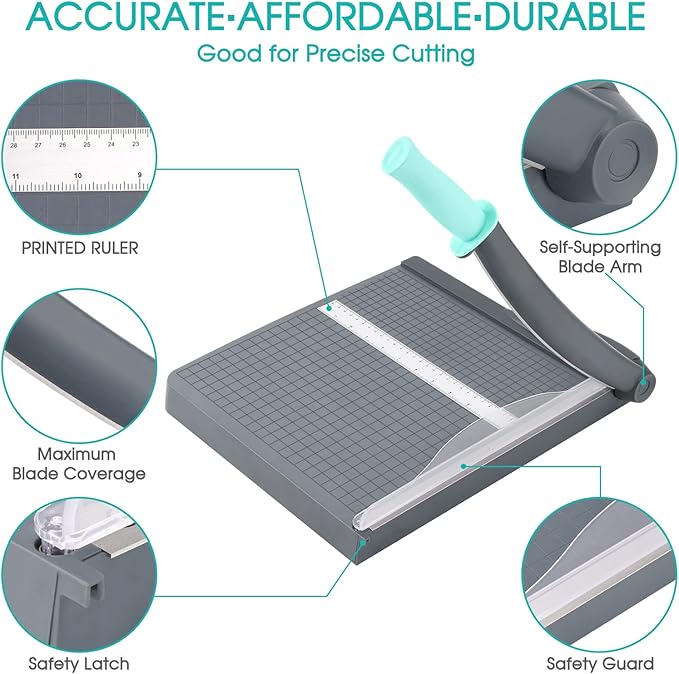 Paper Cutter, Paper Trimmer with Safety Guard, 12" Cut Length Paper Slicer with 16 Sheet Capacity Paper Cutting Board,Guillotine Paper Cutters and Trimmers for Cardstock Cardboard Vinyl (Gray)