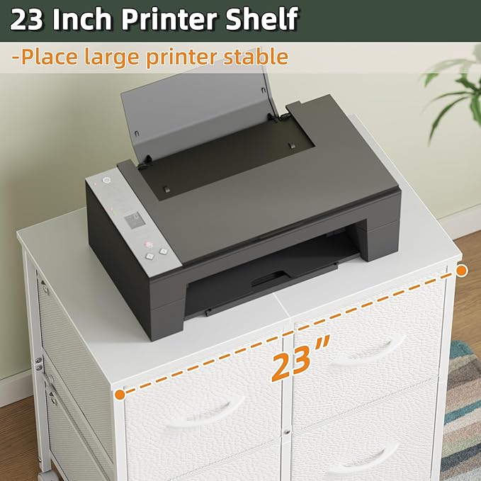 4 Drawer Lateral File Cabinet, Mobile Filing Cabinet for Large Printer, Home Office Functional Small Office Storage Cabinet & Printer Stand, Fabric Drawer, Fits Letter/A4, White