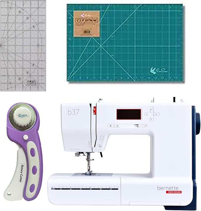 Bernette b37 Sewing Machine with Quilting Kit, Includes Rotary Cutter, Cutting Mat & Non-Slip Acrylic Ruler | LCD Display, LED Light, 50 Stitches, Built-in Needle Threader | For Beginners to Pros