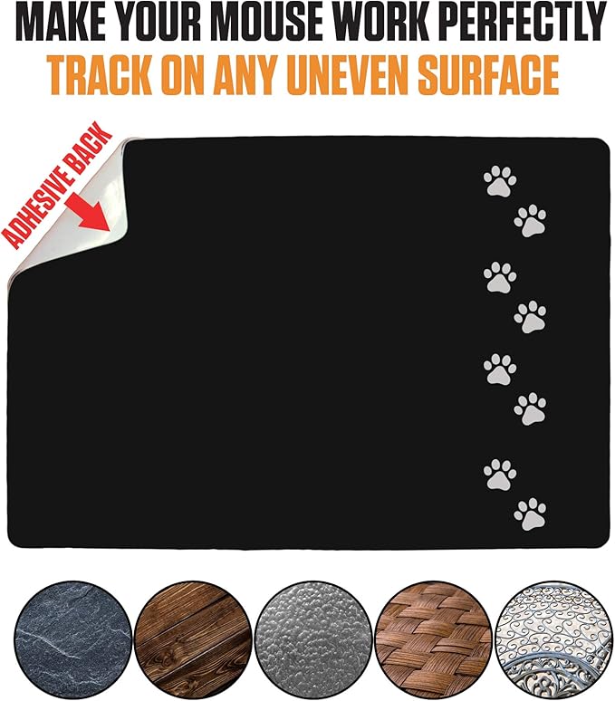 Mouse Pad Adhesive Bottom - Peel and Sticks to Any Surface - Travel Large Size - Portable (XL - Dog PAW Black)