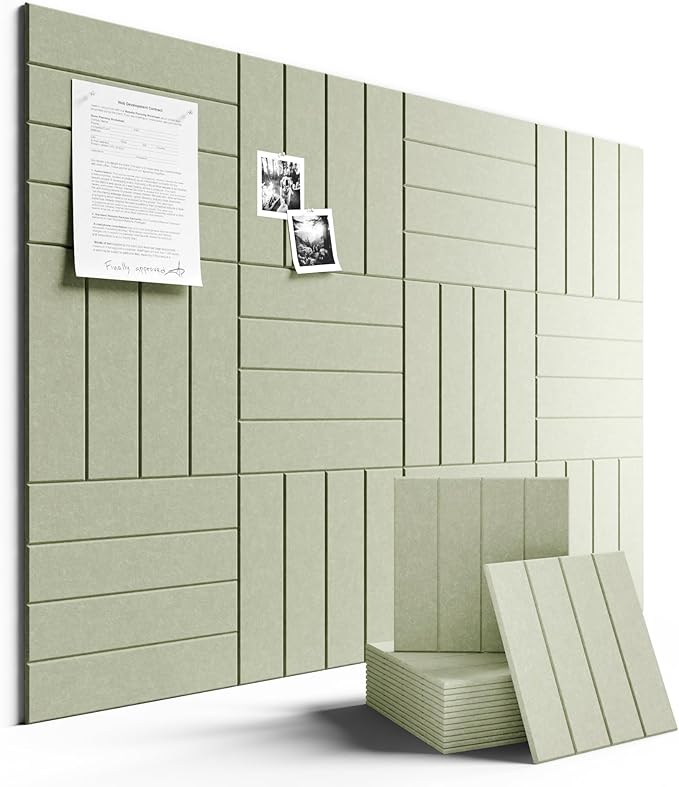 Felt Bulletin Board Tiles Large 48" x 36" Cork Board Alternative-12 Pack with 70 Adhesive Tabs, Thick Slat Wall Panels for Office Decor, Push Pin Board Wall Organizer Alternative -Sage