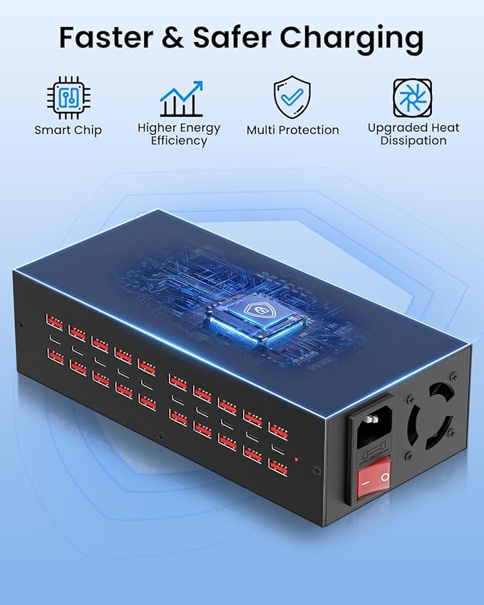 250W USB~c Charging Station, 30 Port (20 USB A & 10 USB~C Port) USB Charger Block, Fast Charging Station for Multiple Devices, Desktop Charger Compatible for iPhone, iPad, Tablets