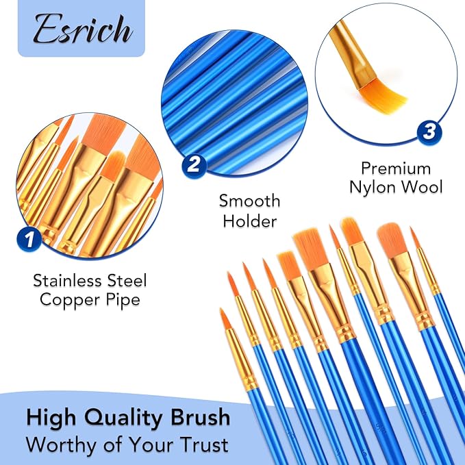 ESRICH Watercolor Brush Set, 24 Packs / 240 Pcs Acrylic Brushes,Nylon Brush Head, for Oil Painting, Gouache, Face,Ceramics etc, Kid's and Adults Painting Arts and Crafts Sets.(Blue)