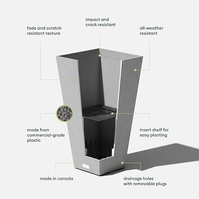 Veradek V-Resin Indoor/Outdoor Taper Planter (Gray, 26 inch - 2 Pack with 2 Saucer Trays)
