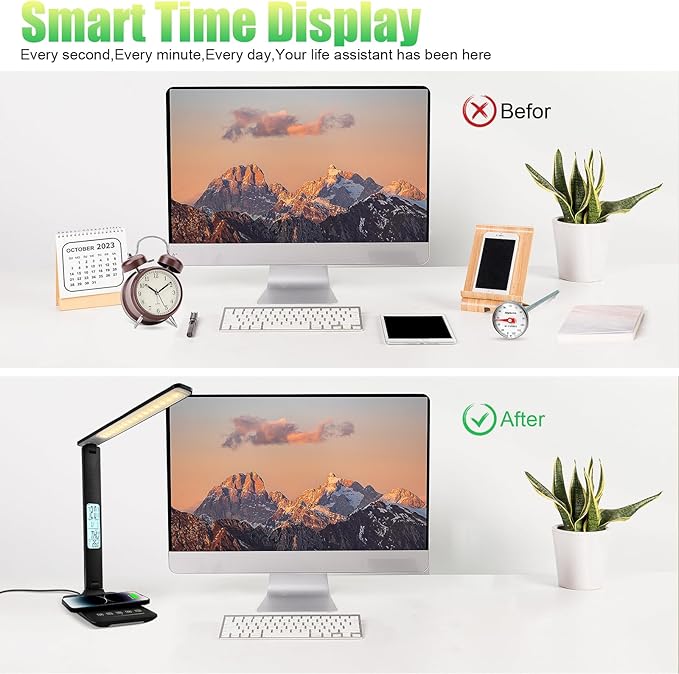 Desk Lamp with Wireless Charger，USB Charging Port, Dimmable Office Desk Light with Clock, Alarm, Date, Temperature, Foldable Lamp for Table Bedroom Bedside Office (Black Pro, Standard Size-13.3 inch)