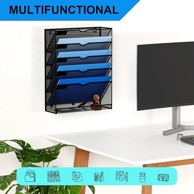 Hanging Wall File Organizer 6 Tier Wall Mounted Mail Paper Folder Holder Document Organization Stand, Vertical Desk Magazine Rack for Office Home Cubicle Countertop, Black