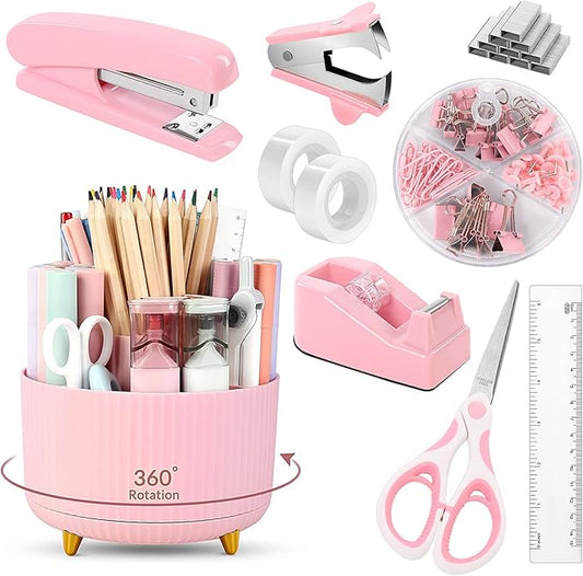 SKYDUE Gold Office Supplies Set, Pencil Holder for Desk,Gel Pen, Stapler, Tape Dispenser, Scissors,Clips and 1000pcs Staples, Office Decor for Women, Gold Desk Accessories