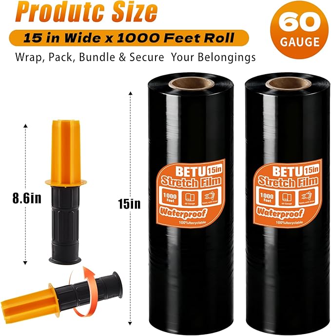 BETU Plastic Wrap Stretch Film for Moving Supplies 15inch X 1000ft, Shrink Wrap Stretch Roll Industrial for Furniture Wrapping Shipping Pallet Moving Boxes Storage with Handles, 2 Pack, Black