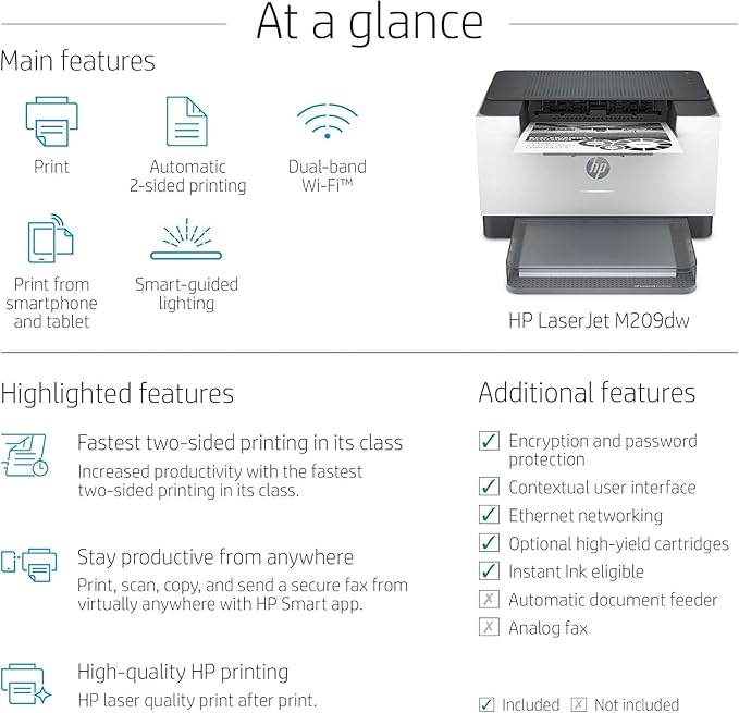 HP Laserjet M209dw Wireless Black & White Laser Printer, Single-Function, Print, Best for Home Office (Renewed)