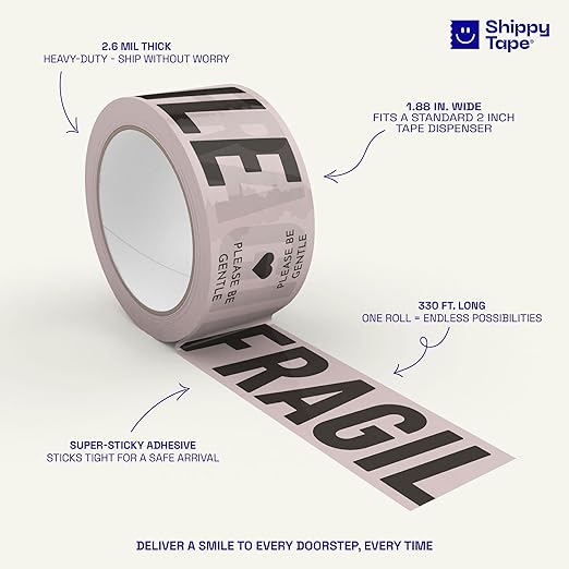 Fragile Packing Tape, Please Be Gentle, Cream Black Cute Designer Packaging and Shipping Tape for Small Business - Printed Tape for Moving, 1.88" x 110 Yards (330 feet)