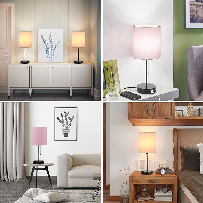 Table Lamps Set of 2 with USB Charging Ports, Pink Bedside Lamps with AC Outlet, Nightstand Lamps with Pull Chain Switch, Minimalist Modern Desk Lamps with Fabric Shade for Living Room Bedroom Office