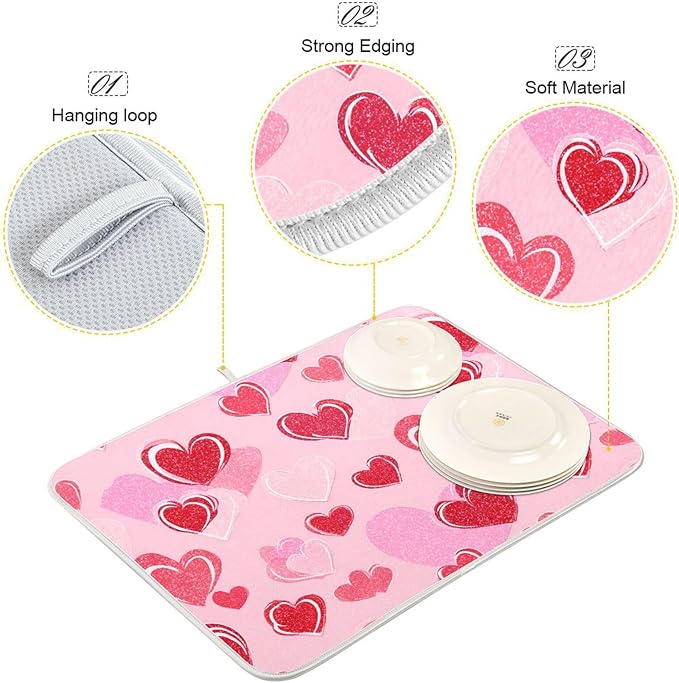Mothers Valentines Day Hearts Dish Drying Mat 18 X 24 Inch Stars Romantic Red Pink Glitter Love Heart Dry Dishes Pads Drainer Mats Tableware Protector for Home Kitchen Countertops Counter Decorations