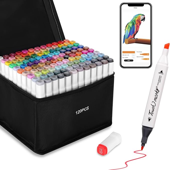 120 Colors Alcohol Markers with Free App, Chisel Tip and Fine Tip, Dual Tip Alcohol-Based Marker set for Artist Adults, Art Markers for Painting, Coloring, Sketching and Drawing,Great Gift Idea