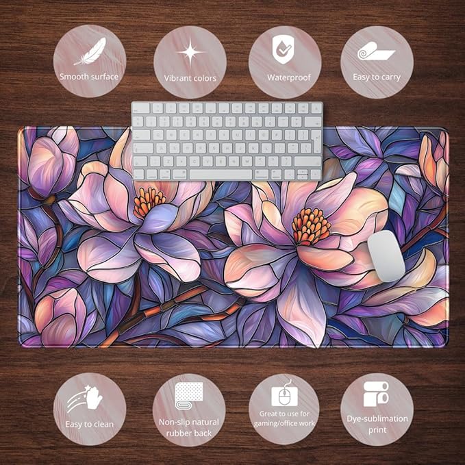Floral Desk Mat Gaming Large Mouse Pad Desk Keyboard Pad, Long Computer Mat Faux Stained Glass Artistic Patterns Mouse Mat, Aesthetic Floral Purple & Pink Desk Protector Office Decor 31.5" X 15.7"