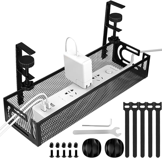 Under Desk Cable Management Tray, Cable Management Under Desk No Drill, Wire Management Tray with Clamp, Cord Organizer for Home Office, Black