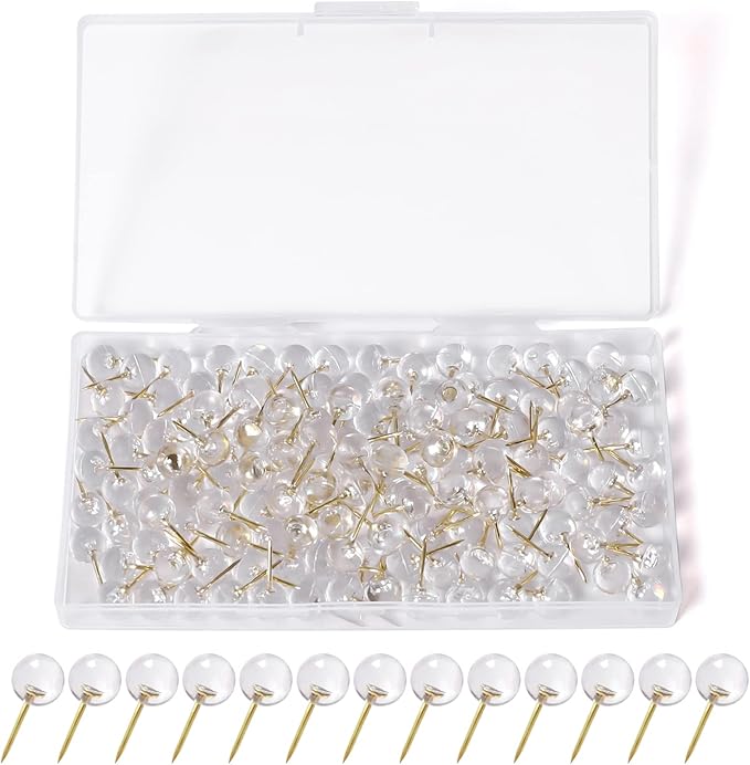 150 Pcs Push Pins, Standard & Transparent Plastic Head Steel Point Thumb Tacks for Wall, Office & Craft Organization (Gold)
