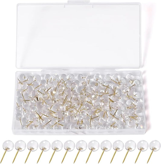 150 Pcs Push Pins, Standard & Transparent Plastic Head Steel Point Thumb Tacks for Wall, Office & Craft Organization (Gold)