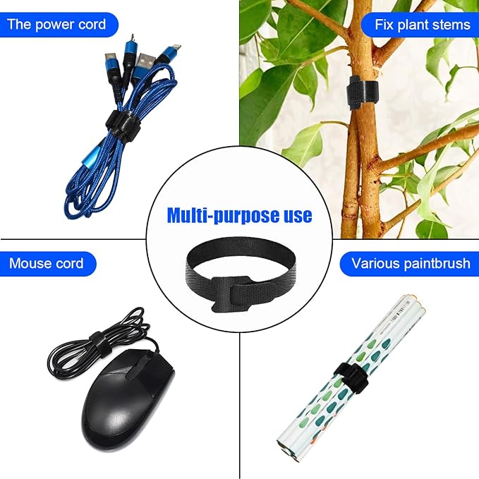 100 PCS 8 Inch Reusable Cable Ties, Adjustable Cable Management Wire Straps with Hook and Loop, Multi-purpose for Home, Office and Data Centers Organizer by QINGLER