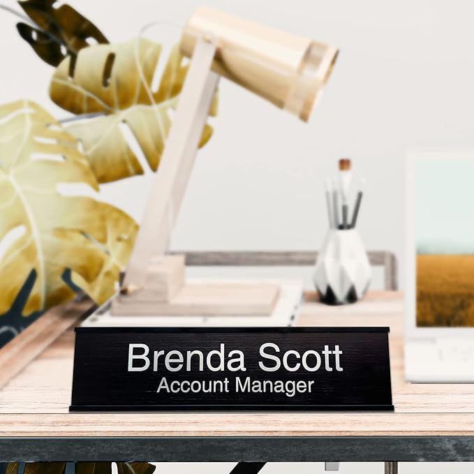 2" x 8" Personalized Aluminum Name Plates, Custom Office Desk or Wall Name Plates with Two Lines of Custom Texts, Three Name Plate Colors Silver, White, Black, Holders are Optional