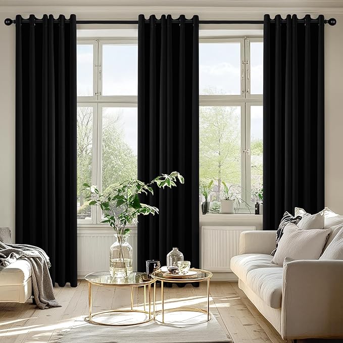 MIULEE Black Blackout Curtains for Bedroom Living Room 84 Inches Long 2 Panels, Thermal Insulated Room Darkening Drapes Solid Grommet Top Noise Reduction Light Blocking Halloween Window Treatments