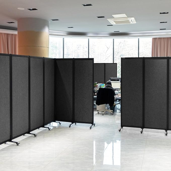 Upgrade Version Room Partition and Divider, Freestanding Rolling Dividers with Wheels,Office Privacy Screen Divider Wall,Classroom Felt Dividers,12'2"L* 6'7"H,6 Panel，Dark Grey