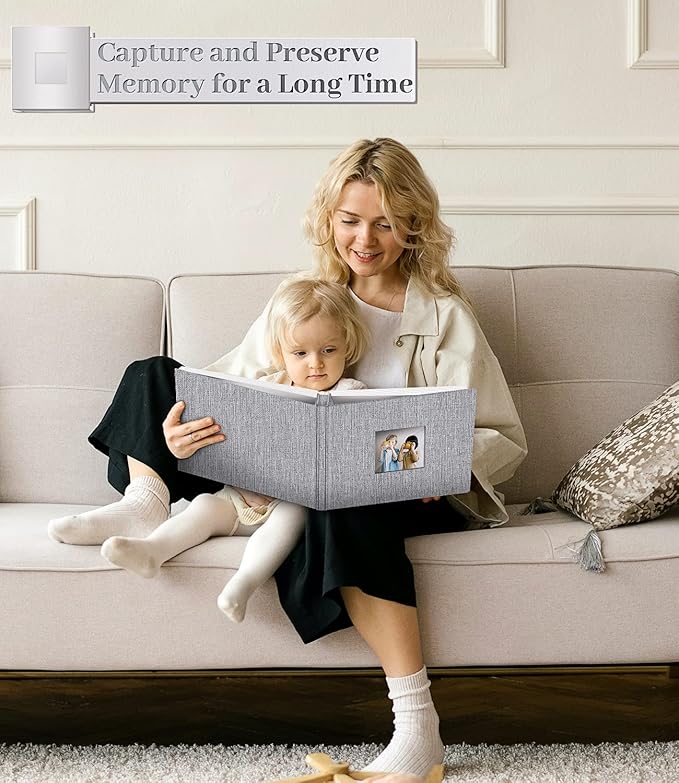 Photo Album Self Adhesive Scrapbook Album for 3x5 4x6 5x7 8x10 Pictures,40 Pages Linen Cover with Display Window DIY Photo Book,Ideal Gifts for Family Travel Wedding Baby