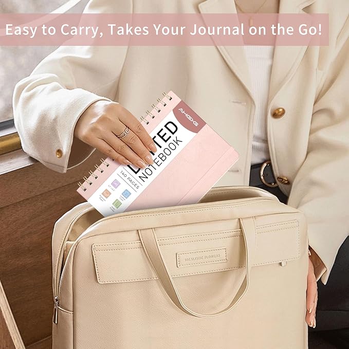 AHGXG Bullet Dotted Journal Spiral Notebook, Hardcover Leather Dotted Notebook 140 Pages, A5 Dot Grid Paper Notebook, 100 gsm Thick Paper, for Bullet Journaling, 5.7" x 8.3", Rose Gold