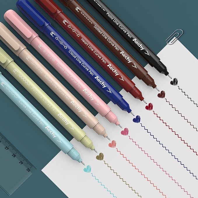 AECHY Colored Curve Highlighter Pens Set - 8 Different Shapes & 8 Colors Fine Tips for Writing, Journaling, Note Taking, Drawing, Scrapbook Art, School Supplies (Classic)
