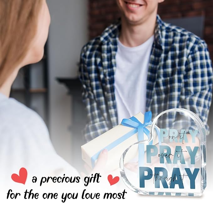 Religious Plaques Christian Woman Decor Gifts, Blue Prayer Room Decor, Pray On It Pray Over It Acrylic Sign Decorative for Home Pastor Farmhouse Living Room Church Table Desk Bookshelf