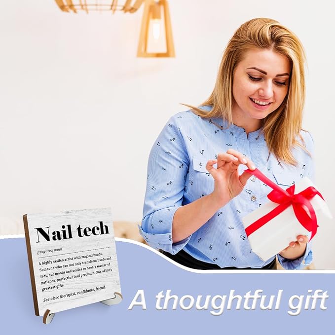Nail Tech Definition Wood Sign Desk Decor Rustic Nail Salon Office Cubicle Decor Inspirational Plaque with Wooden Stand Farmhouse Nail Technician Desk Accessories for Home Table Shelf Tiered Tray