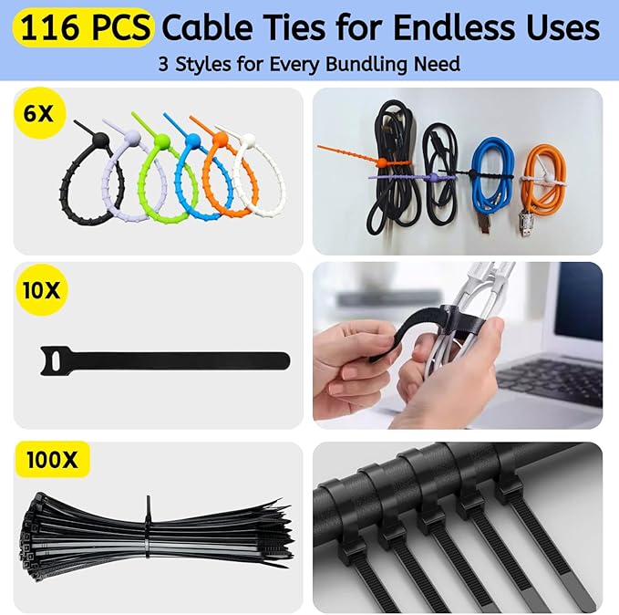[142Pcs] Cable Management Kit with Cable Box, Medium Cord Hider Box to Conceal Power Strip Holder on Desk or Floor, Under Desk Cable Management Kit Cable Organizer Box, TV Cord Organizer Box, Black