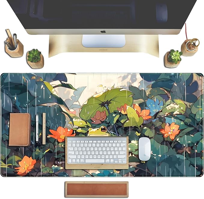 Anime Frog Mouse Pad Desk Mat Cure Frogs On Rainy Days Green Desk Decor Mat, Large Gaming Mouse Pad for Desk Computer Keyboard Laptop, Desk Decor Home Office Accessories for Girl with Stitched Eges