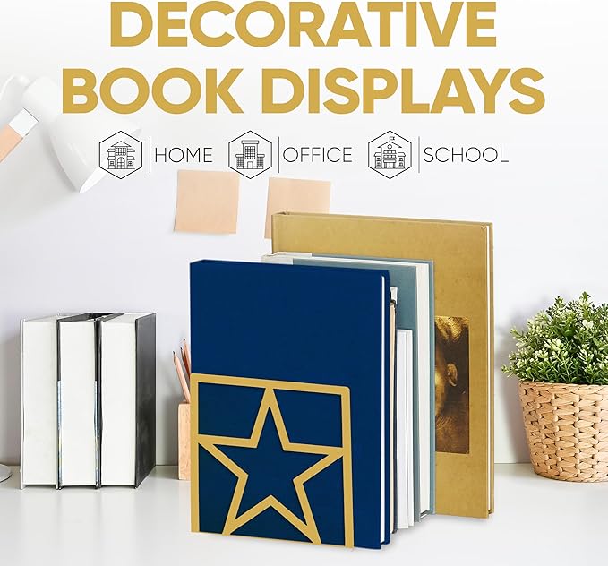 GEOMOD Star Gold Metal Bookends Decorative - Tall Sturdy Book Ends for Shelves - Modern Heavy Duty Bookend Stopper - Office or Home Book Shelf Book Holder - 6x3.2x6.3 Inches - 2 Pair