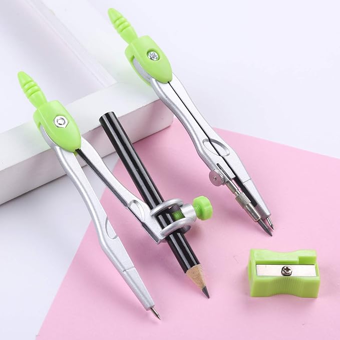 Math Geometry Kit Sets 10 Piece Student Supplies with Shatterproof Storage Box,Includes Rulers,Protractor,Compass,Eraser,Pencil Sharpener,Lead Refills,Pencil,for Drafting（Green）