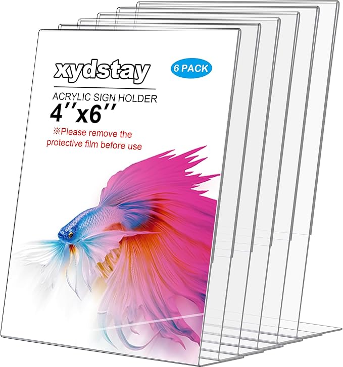 6pack Acrylic Sign Holder 4x6 for Picture Frames, L Shape Clear Plastic, Plastic Sign Holder,Menu Holder, Unbreakable Table Sign Holder for Restaurant, Office, School, Store and Home Use