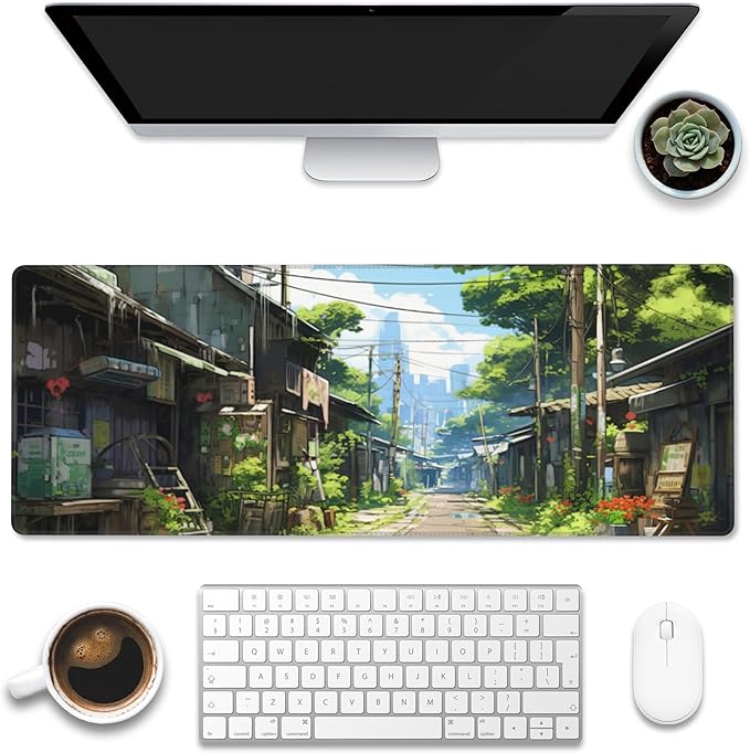 Anime Abandoned Town Desk Mat, Large Gaming Mouse Pad with Non-Slip Base and Stitched Edge, 31.5"x11.8"