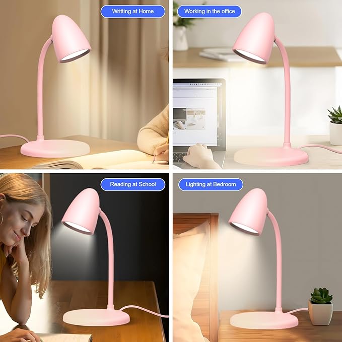 LED Desk Lamp for Home Office,3 Light Colors, Table Lamp,Dimmable Reading Light for Bedside Small Desk Lamp for College Dorm Room,Bedroom Desk Light Pink