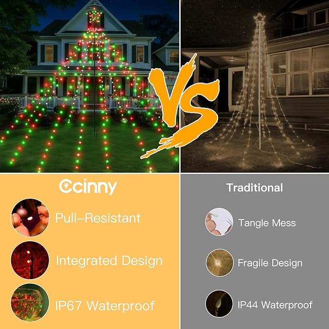 Christmas Lights Tree 340LED with Topper Star, IP67 Waterproof Remote Control Waterfall Lights with Pole, 16 Modes 3 Timers Dimmable Christmas Decorations for Outdoor Yard (Red&Green)