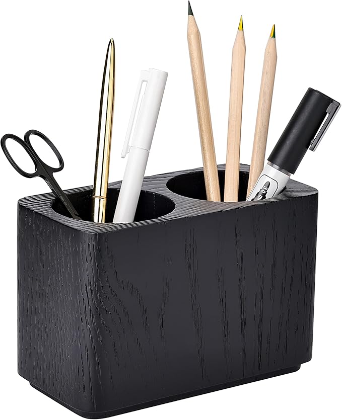 Oak Solid Wood Pen &Pencil Holder for Desk, Office Stationery Organizer, Table Pencil Cup Stand,Desk Accessories Holder, Two Cups Practical Design. (Char Black)