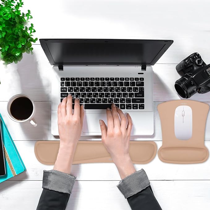 MOSISO Wrist Rest Support for Mouse Pad & Keyboard Set, Ergonomic Mousepad Non-Slip Base Home/Office Pain Relief & Easy Typing Cushion with Neoprene Cloth & Raised Memory Foam, Mocha