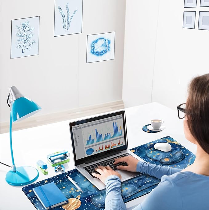 ARTSO Large Mouse Pad and Keyboard Wrist Rest, Ergonomic Mouse Pad with Wrist Support, Non-Slip Desk Mat Protector for Office, Home -Blue Planet Galaxy