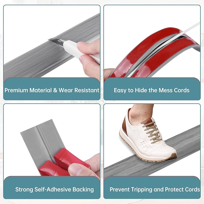 Floor Cord Cover Self Adhesive Cord Hider Floor Extension Cord Covers for Floor Power Cord Protector Cable Management Prevent Cable Trips Cable Cavity 0.59" W x 0.31" H (Light Grey Wood, 3.3Ft)