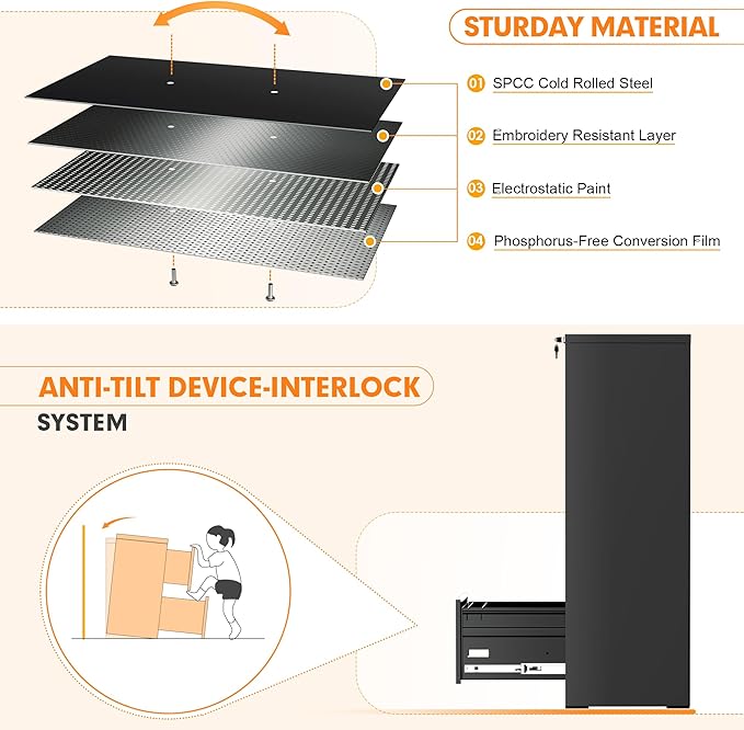 INTERGREAT 4 Drawer Vertical File Cabinet, Black Metal Filing Cabinet with Lock, Tall Lockable Cabinets with 4 Adjustable Hanging Frame for Home Office, Letter/Legal/F4/A4 Size