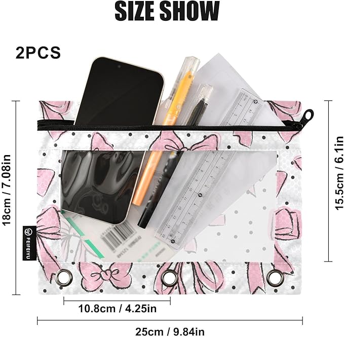 Cute Bows Pink Pencil Pouch for 3 Ring Binder, 2 Pack Waterproof Pencil Bags Clear Window Zipper School Office Supplies