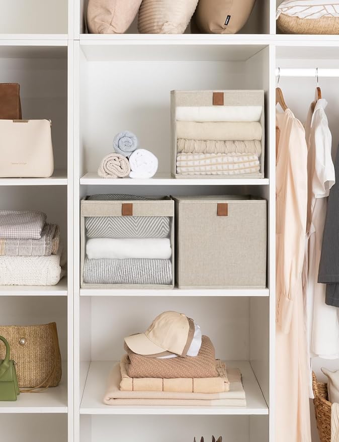 StorageWorks 11x11 Storage Cubes, Closet Storage Bins with Clear Window, Fabric Organizer for Clothes, Collapsible Storage Baskets with PU Handles, Brown and Beige, 3-Pack