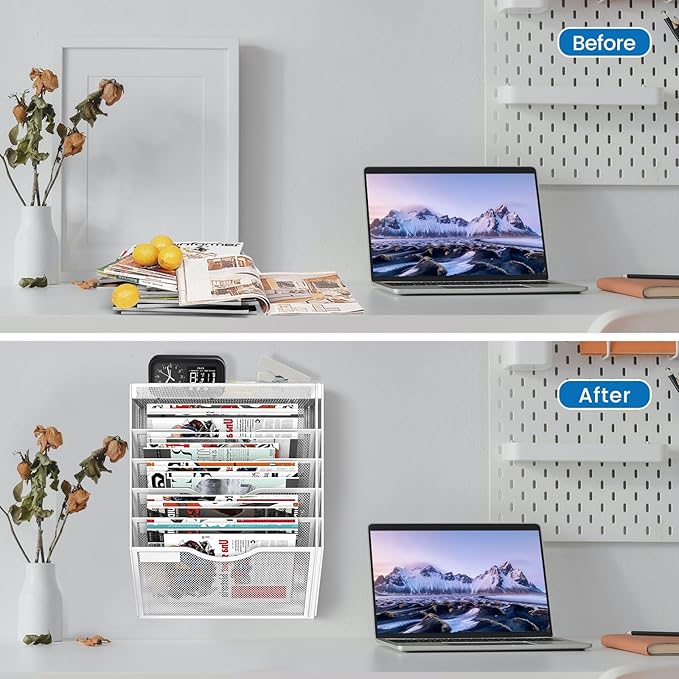 6 Tier Wall File Organizer Hanging Vertical File Organizer, Wall Mounted Mail Paper Document Folder Holder, Mesh Magazine Rack Mail Document Organizer for Office School Home